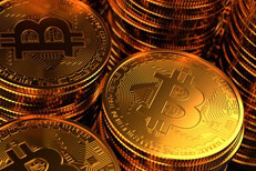 Close-up photo of stacks of Bitcoins with dynamic lighting
