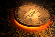 Shiny gold Bitcoin with glowing light emitting from underneath on blockchain background