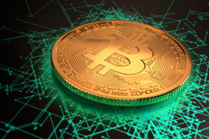 Bitcoin underside blue glow Shiny gold Bitcoin with blue glowing light emitting from underneath on blockchain background