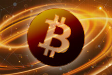 Bitcoin token on light swirl effect with blockchain image in background