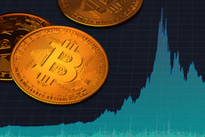 Area chart showing Bitcoin BTCUSD stock price area chart with three shiny Bitcoins overlaid