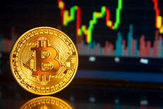Bitcoin reflection front of stock price chart Bitcoin with reflection in front of monitor showing stock price and volatility