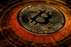 Bitcoin with orange glow on circular digital pattern representing cryptocurrency or blockchain