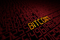 Gold digital Bitcoin text in red string of encrypted digital characters