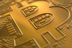 Bitcoin zoom detail Extreme close up view of side of Bitcoin showing coin detail