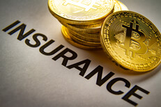 Bitcoin insurance Bitcoin insurance concept photo of stack of Bitcoins on insurance policy