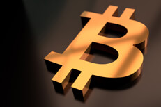 Bitcoin B icon in reflection Gold metallic Bitcoin B icon on black glossy surface with reflection