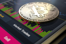 Bitcoin on mobile trading app screen showing volume and market trades