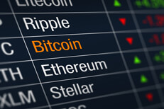 Bitcoin ticker price decline Stock ticker chart showing cryptocurrency prices with Bitcoin price decline highlighted