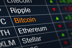 Stock ticker chart showing cryptocurrency prices with Bitcoin price increase highlighted