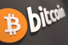 3D Bitcoin logo on wall painted dark gray