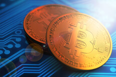 Bitcoins on circuit board with hard stylized corner light