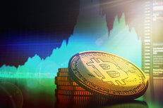 Stack of Bitcoins in front of trading price volatility area chart with stylized overlay and light effect