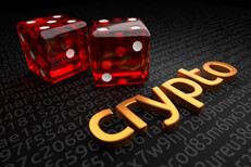 String of encrypted code with extruded metallic crypto with two large dice in background