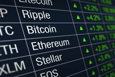 Stock ticker chart showing many cryptocurrency stocks with all prices up for the session in green