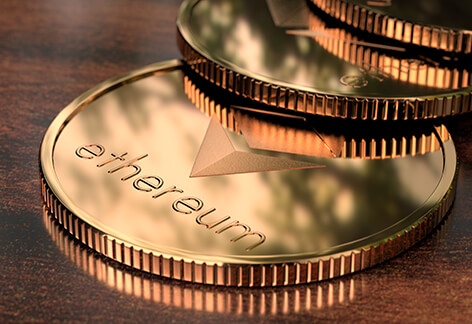 Ethereum coins in a row reflecting nature background