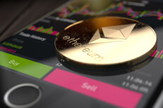 Ethereum coin on iPhone screen showing Binance stock Buy/Sell trading charts