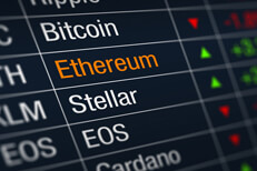 Stock ticker chart showing cryptocurrency prices with Ethereum price increase highlighted