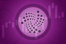 Iota cryptocurrency token overlaid on stock price candlestick chart and subtle circuit background