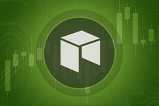 Neo cryptocurrency token overlaid on stock price candlestick chart and subtle circuit background