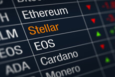 Stock ticker chart showing cryptocurrency prices with Stellar price decline highlighted
