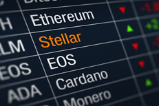 Stock ticker chart showing cryptocurrency prices with Stellar price increase highlighted