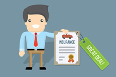 Insurance agent with great deal Insurance agent character holding car insurance policy with great deal price tag flat concept