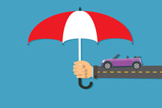 Long arm holding insurance protection umbrella over purple convertible on street