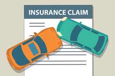Auto insurance claim form with two cars colliding on top flat concept image