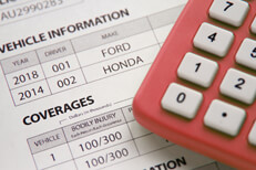 Calulator with auto insurance policy Calculator sitting on car insurance policy showing vehicle information and policy coverages