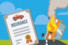 Overturned car burning on road Car overturned on fire next to car insurance policy flat concept image