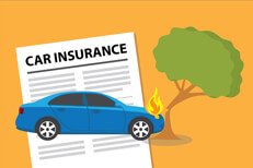 Blue sedan on fire crashed into tree with car insurance policy in background