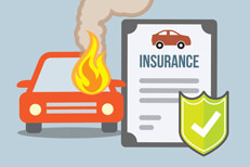 Auto insurance coverage for fire damage Car insurance policy and shield next to car on fire flat concept for fire peril coverage