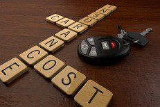 Car insurance cost Car insurance cost spelled in wooden letters with car keys on desk