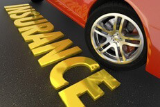 Auto insurance concept Car insurance concept image showing shiny gold insurance word on asphalt next to red sports car