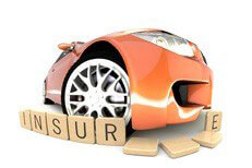 Insurance after accident Orange car sliding through wooden insurance letters fish eye viewpoint