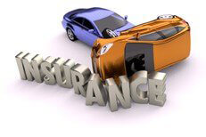 Car accident concept Two vehicle accident with rollover sliding through insurance letters isolated on white background