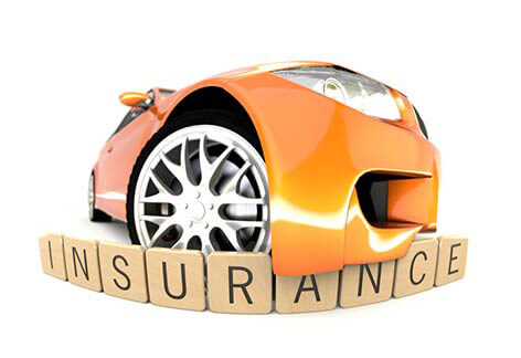 Auto insurance fish-eye concept Orange sports car with front bumper wrapping over wooden insurance letters