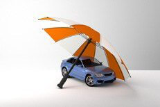 Auto insurance protection white background Insurance protection concept with umbrella and sports car with white background studio photo