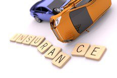 Rollover accident car insurance concept Two car rollover accident on white background with displaced wooden insurance letters