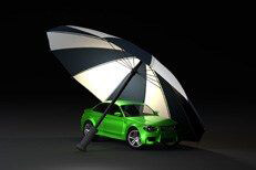 Auto insurance umbrella concept Car insurance protection concept with green car and umbrella on dark background