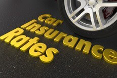 Car insurance rates concept Shiny gold car insurance rates text next to sports car tire and wheel