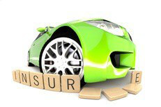 Car insurance concept green Bright green sports car bumper knocking over wooden insurance letters on white background
