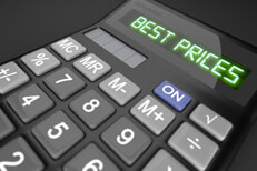 Best prices calculator Calculator showing Best Prices LCD text to illustrate best price or low cost concept
