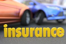 Two car accident blurred in background with word insurance in focus in foreground