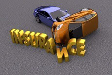 Two car rollover accident skidding through shiny gold insurance letters on concrete