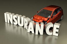 Small car crashed into insurance letters Concept of car crashed into insurance word with displaced letters