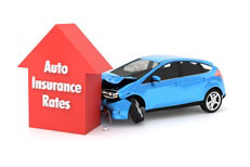 High auto insurance rates concept Auto insurance concept of car crashing into up arrow representing higher car insurance rates