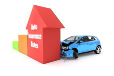 Higher rates after accident Car insurance concept of car crashing into column chart with up arrow representing higher prices