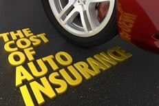 Cost of auto insurance concept Shiny gold text The Cost of Auto Insurance on road next to sports car
